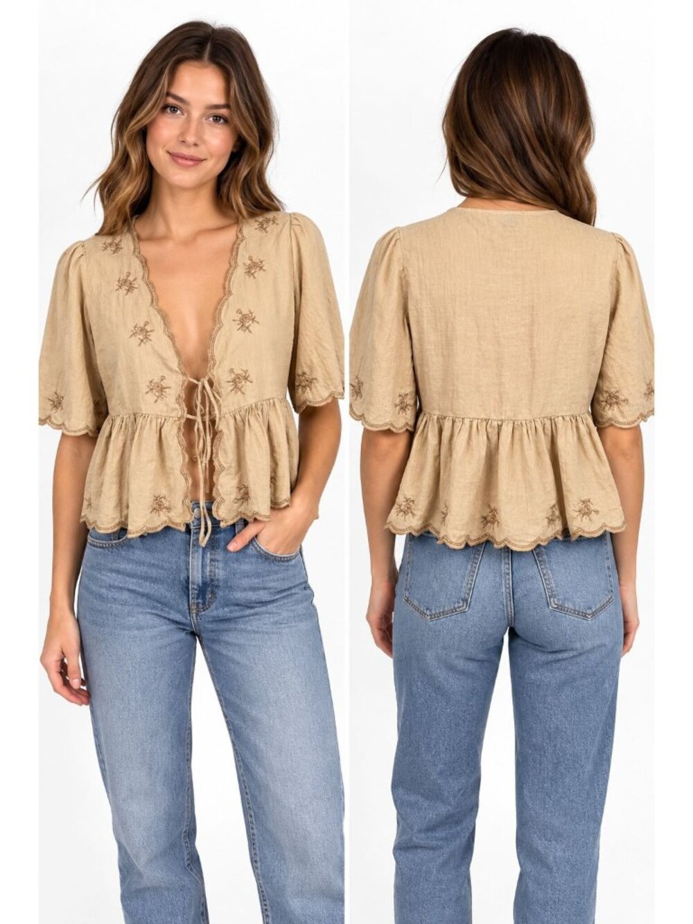 American Eagle Womens Medium Beige Embroidered Tie Front Peplum Blouse Boho